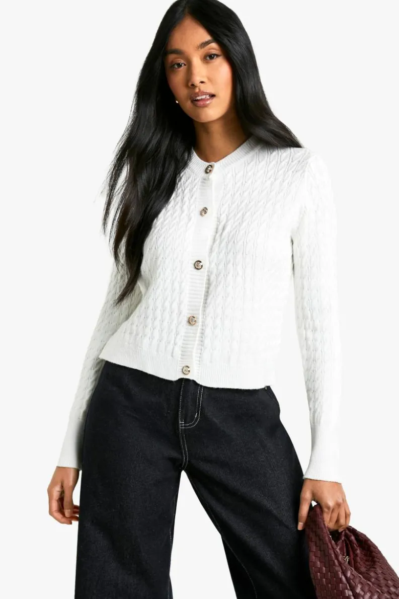 Cardigans|Jumpers & Cardigans*boohoo Super Soft Cable Knit Button Detail Cardigan cream
