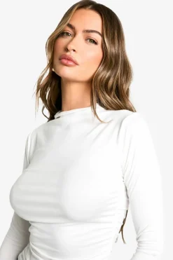 Long Sleeve Tops*boohoo Super Soft Ruched Body Long Sleeve Top cream