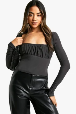 Long Sleeve Tops*boohoo Super soft Ruched Bust Long Sleeve Top charcoal