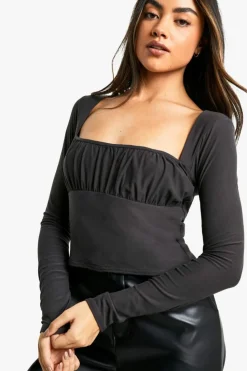 Long Sleeve Tops*boohoo Super soft Ruched Bust Long Sleeve Top charcoal
