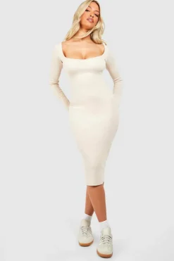 Midi Dresses*boohoo Sweetheart Rib Long Sleeve Midi Dress stone