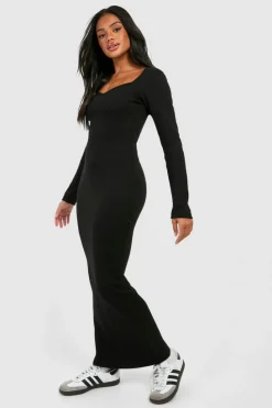 Maxi Dresses*boohoo Sweetheart Rib Long Sleeve Maxi Dress black