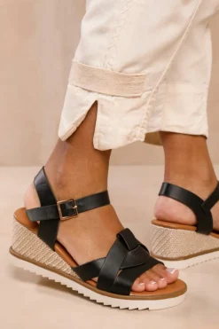 Wedges*Where's That From Sydney' Extra Wide Fit Wedge Shoes With Front Strap Detail Black