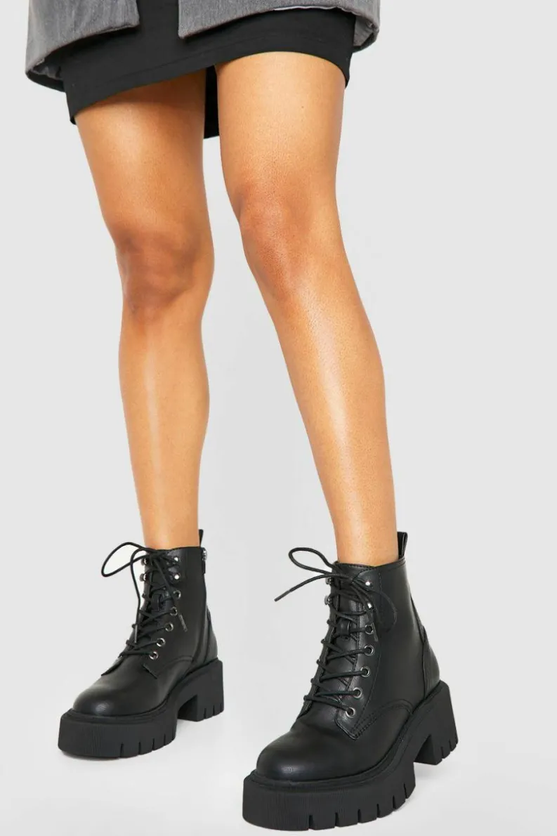 Chunky Boots|Biker Boots*boohoo Tab Detail Chunky Lace Up Hiker Boots black