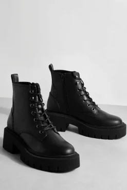 Chunky Boots|Biker Boots*boohoo Tab Detail Chunky Lace Up Hiker Boots black
