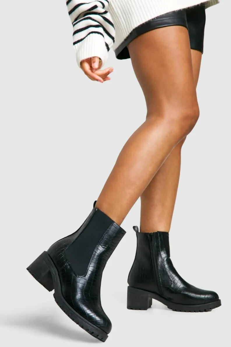 Heels|Heeled Boots*boohoo Tab Detail Low Block Heel Croc Chelsea Boots black