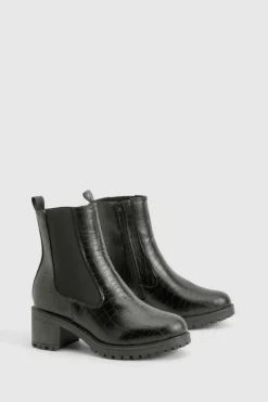 Heels|Heeled Boots*boohoo Tab Detail Low Block Heel Croc Chelsea Boots black