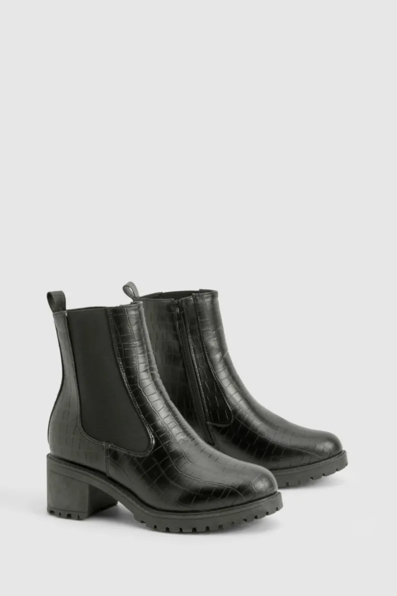 Heels|Heeled Boots*boohoo Tab Detail Low Block Heel Croc Chelsea Boots black