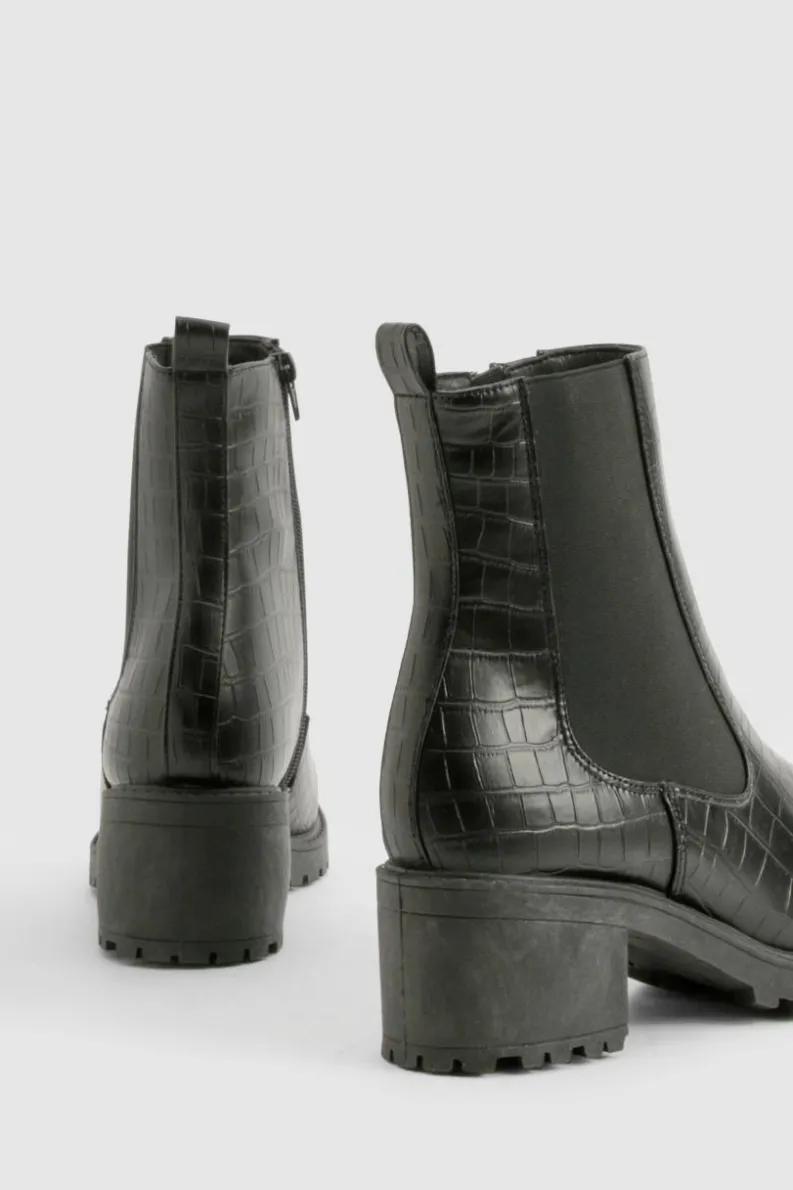 Heels|Heeled Boots*boohoo Tab Detail Low Block Heel Croc Chelsea Boots black