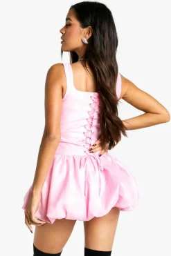 Skater Dresses|Mini Dresses*boohoo Taffeta Bubble Hem Lace Up Mini Dress baby pink