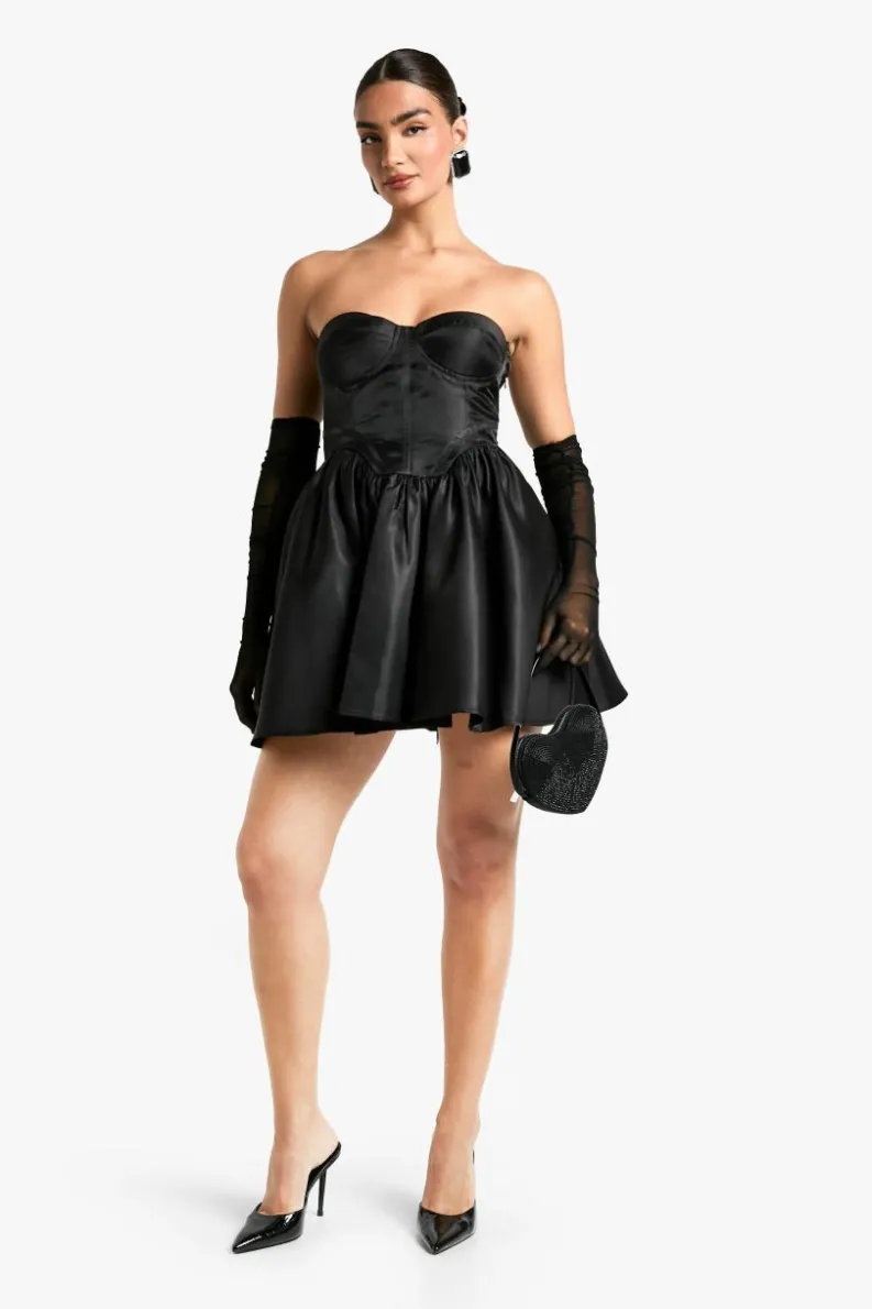 Skater Dresses*boohoo Taffeta Corset Lace Up Skater Dress black