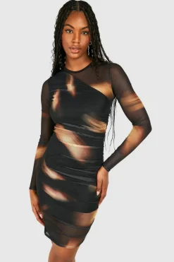 Long Sleeve Dresses|Long Sleeve Dresses*boohoo Tall Abstract Mesh Ruched Mini Dress black