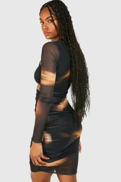 Long Sleeve Dresses|Long Sleeve Dresses*boohoo Tall Abstract Mesh Ruched Mini Dress black