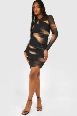 Long Sleeve Dresses|Long Sleeve Dresses*boohoo Tall Abstract Mesh Ruched Mini Dress black