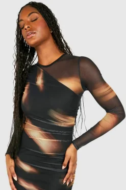 Long Sleeve Dresses|Long Sleeve Dresses*boohoo Tall Abstract Mesh Ruched Mini Dress black