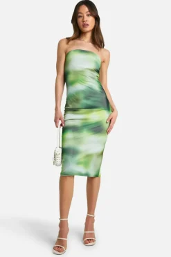 Bodycon Dresses|Dresses*boohoo Tall Abstract Mesh Ruched Bandaeu Midaxi Dress green