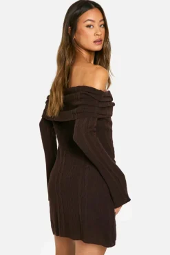 Jumper Dresses|Jumper Dresses*boohoo Tall Bardot Cable Knit Skater Dress chocolate