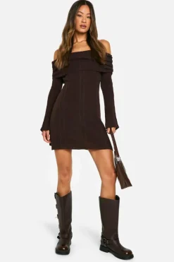 Jumper Dresses|Jumper Dresses*boohoo Tall Bardot Cable Knit Skater Dress chocolate