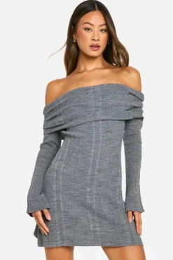 Jumper Dresses|Jumper Dresses*boohoo Tall Bardot Cable Knit Skater Dress charcoal