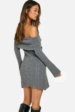 Jumper Dresses|Jumper Dresses*boohoo Tall Bardot Cable Knit Skater Dress charcoal