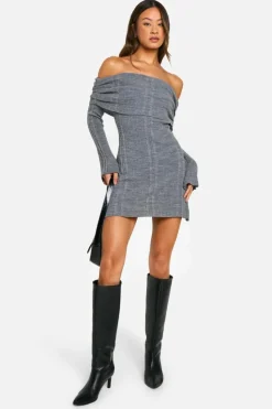 Jumper Dresses|Jumper Dresses*boohoo Tall Bardot Cable Knit Skater Dress charcoal