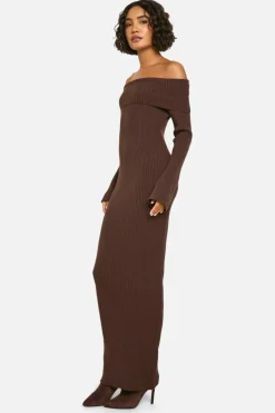 Maxi Dresses|Jumper Dresses*boohoo Tall Bardot Ribbed Knit Maxi Dress chocolate
