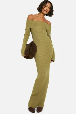 Maxi Dresses|Jumper Dresses*boohoo Tall Bardot Ribbed Knit Maxi Dress khaki