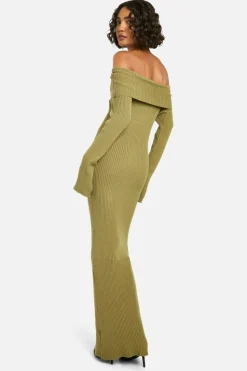 Maxi Dresses|Jumper Dresses*boohoo Tall Bardot Ribbed Knit Maxi Dress khaki