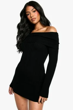 Jumper Dresses|Jumper Dresses*boohoo Tall Bardot Ribbed Knit Skater Dress black