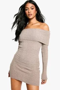 Jumper Dresses|Jumper Dresses*boohoo Tall Bardot Ribbed Knit Skater Dress stone