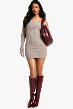 Jumper Dresses|Jumper Dresses*boohoo Tall Bardot Ribbed Knit Skater Dress stone