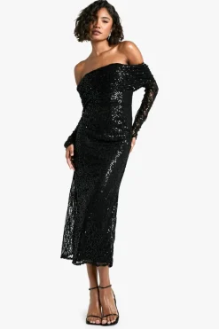 Bodycon Dresses|Long Sleeve Dresses*boohoo Tall Bardot Sequin Lace Midaxi Dress black