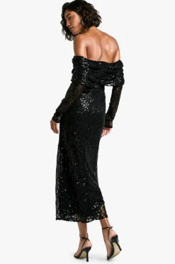 Bodycon Dresses|Long Sleeve Dresses*boohoo Tall Bardot Sequin Lace Midaxi Dress black