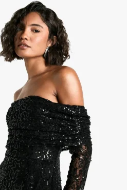 Bodycon Dresses|Long Sleeve Dresses*boohoo Tall Bardot Sequin Lace Midaxi Dress black