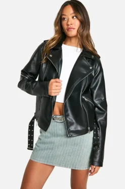 Up To 80% Off Winter Warmers|Biker Jackets*boohoo Tall Belt Detail Faux Leather Biker Jacket black