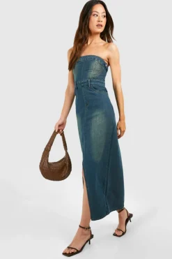 Bodycon Dresses|Dresses*boohoo Tall Bleached Denim Bandaeu Front Split Midaxi Dress mid blue