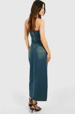 Bodycon Dresses|Dresses*boohoo Tall Bleached Denim Bandaeu Front Split Midaxi Dress mid blue