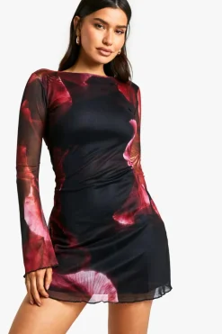 Bodycon Dresses|Mini Dresses*boohoo Tall Blur Floral Mesh Flare Sleeve Mini Dress black