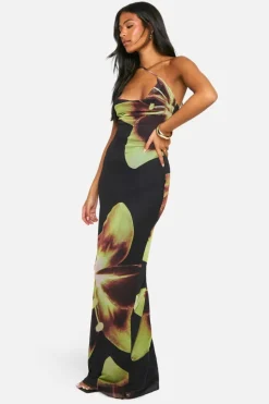 Maxi Dresses*boohoo Tall Bold Floral Asymmetric Cowl Drape Maxi Dress black
