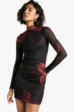 Skater Dresses*boohoo Tall Bold Floral Mesh Mini Dress red