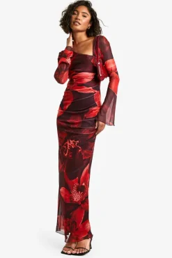 Bodycon Dresses|Maxi Dresses*boohoo Tall Bold Floral Ruched Asymmetric Maxi Dress cranberry
