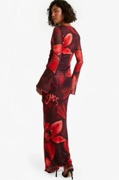Bodycon Dresses|Maxi Dresses*boohoo Tall Bold Floral Ruched Asymmetric Maxi Dress cranberry