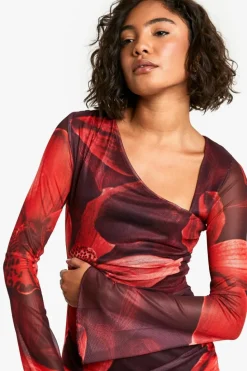 Bodycon Dresses|Maxi Dresses*boohoo Tall Bold Floral Ruched Asymmetric Maxi Dress cranberry