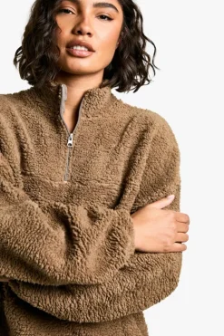 Sweatshirts|Athleisure*boohoo Tall Borg Half Zip Sweatshirt camel