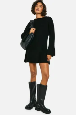 Jumper Dresses|Jumper Dresses*boohoo Tall Brushed Flare Sleeve Knit Skater Dress black