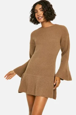 Jumper Dresses|Jumper Dresses*boohoo Tall Brushed Flare Sleeve Knit Skater Dress mocha