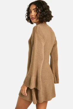 Jumper Dresses|Jumper Dresses*boohoo Tall Brushed Flare Sleeve Knit Skater Dress mocha
