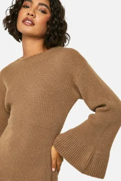 Jumper Dresses|Jumper Dresses*boohoo Tall Brushed Flare Sleeve Knit Skater Dress mocha
