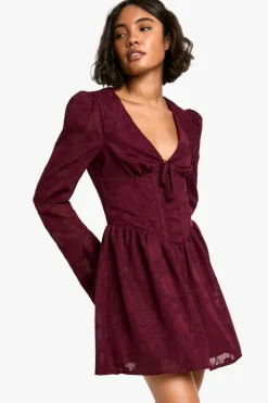 Skater Dresses*boohoo Tall Burnout Floral Corset Detail Skater Dress burgundy