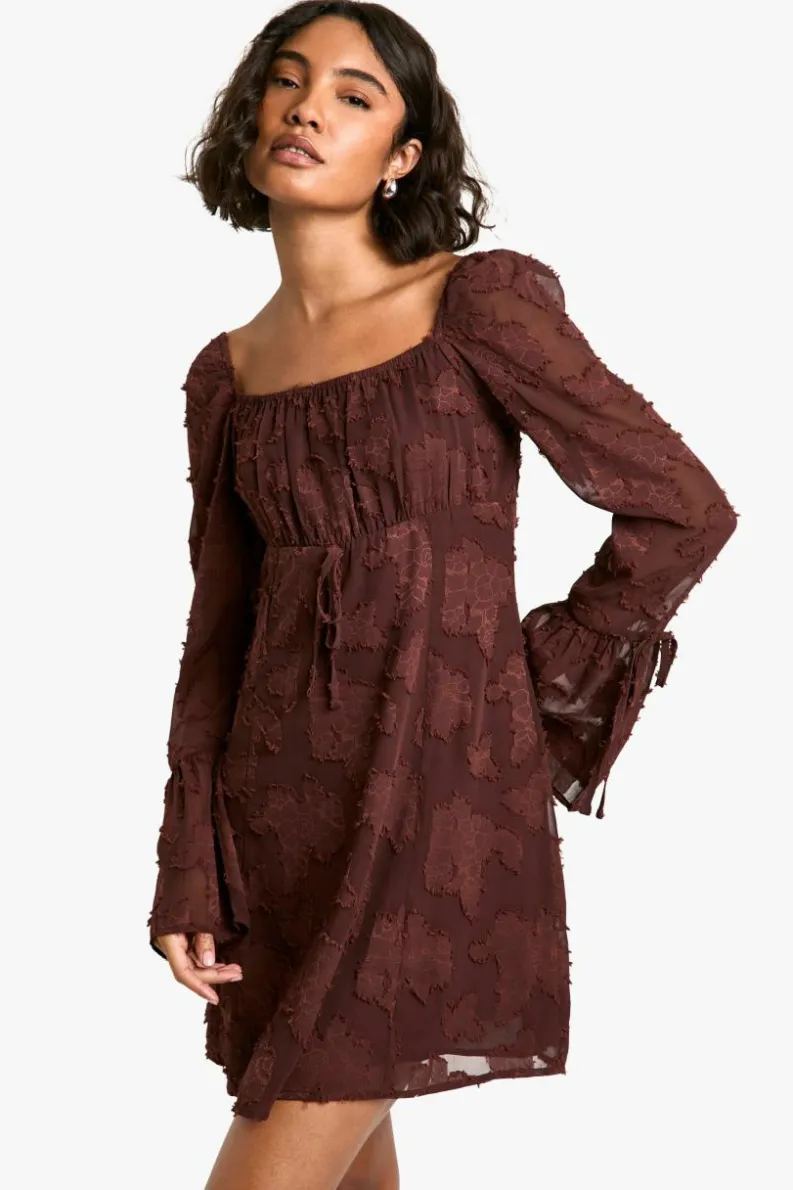 Skater Dresses*boohoo Tall Burnout Floral Flare Sleeve Shift Dress chocolate